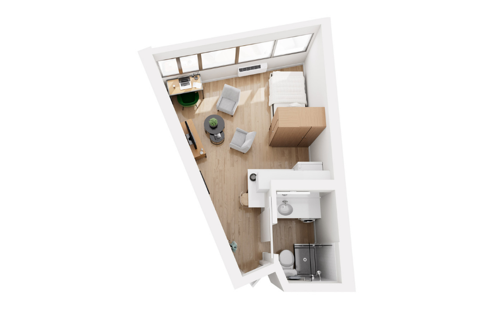 S1 - Studio floorplan layout with 1 bathroom and 315 square feet for Tower701 student apartments in Syracuse, NY.